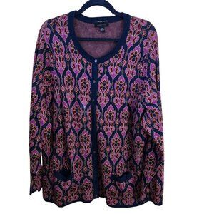 Lands' End Supima Cotton Navy Patterned Plussize Cardigan Sweater Size 2X